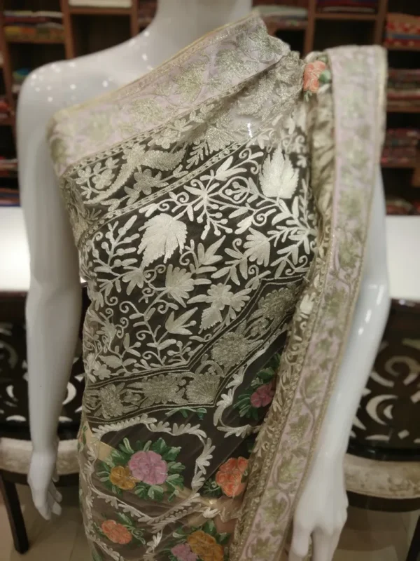 Net Saree with All-Over Kashmiri Aari Embroidery