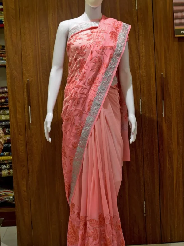 Pink Georgette Zari & Aari Fusion Embroidered Kashmir Saree