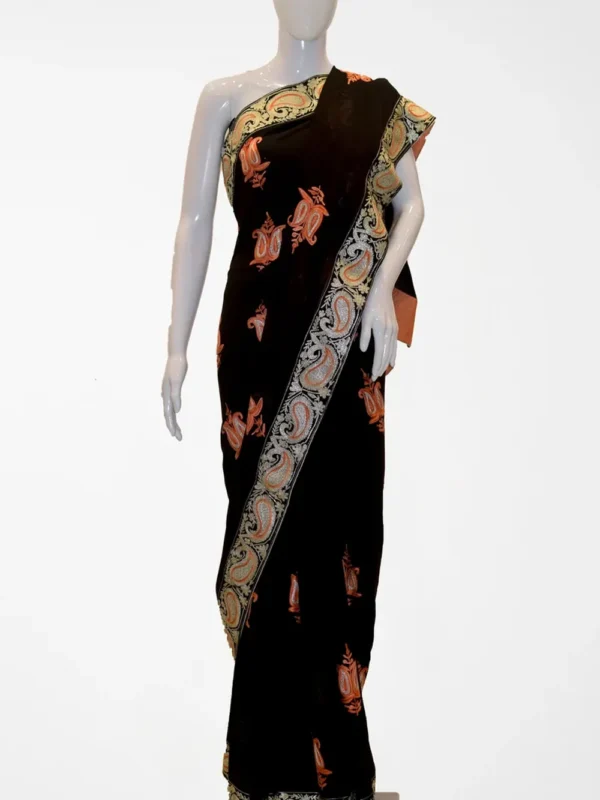 Black Viscose Georgette Aari Embroidered Kashmiri Saree