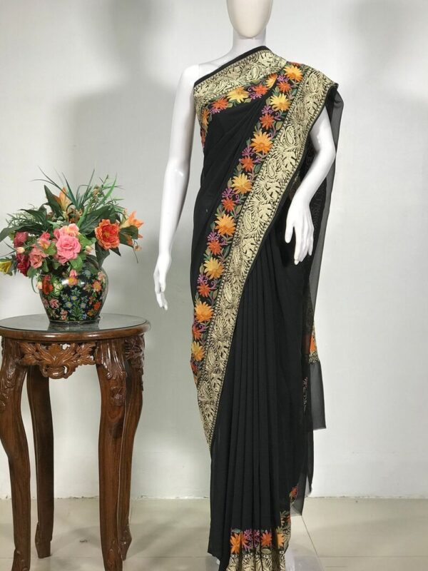 Aari Tilla Double Border Embroidery Kashmiri Saree