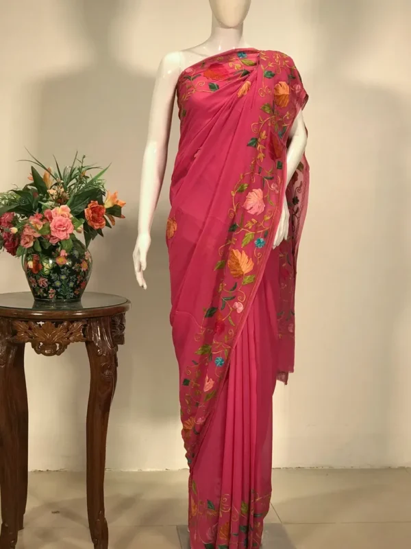 Chinar Palla Jaal Embroidered Pink Kashmiri Saree