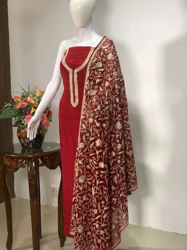 Red Salwar Suit with Kashmiri Tilla Puff Embroidery