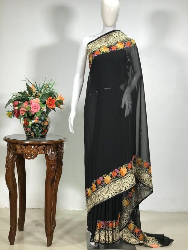 Aari Tilla Double Border Embroidery Kashmiri Saree