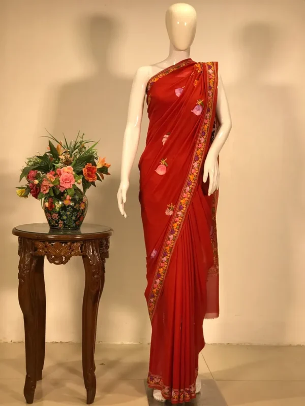 Chinar Palla Jaal Embroidered Red Kashmiri Saree