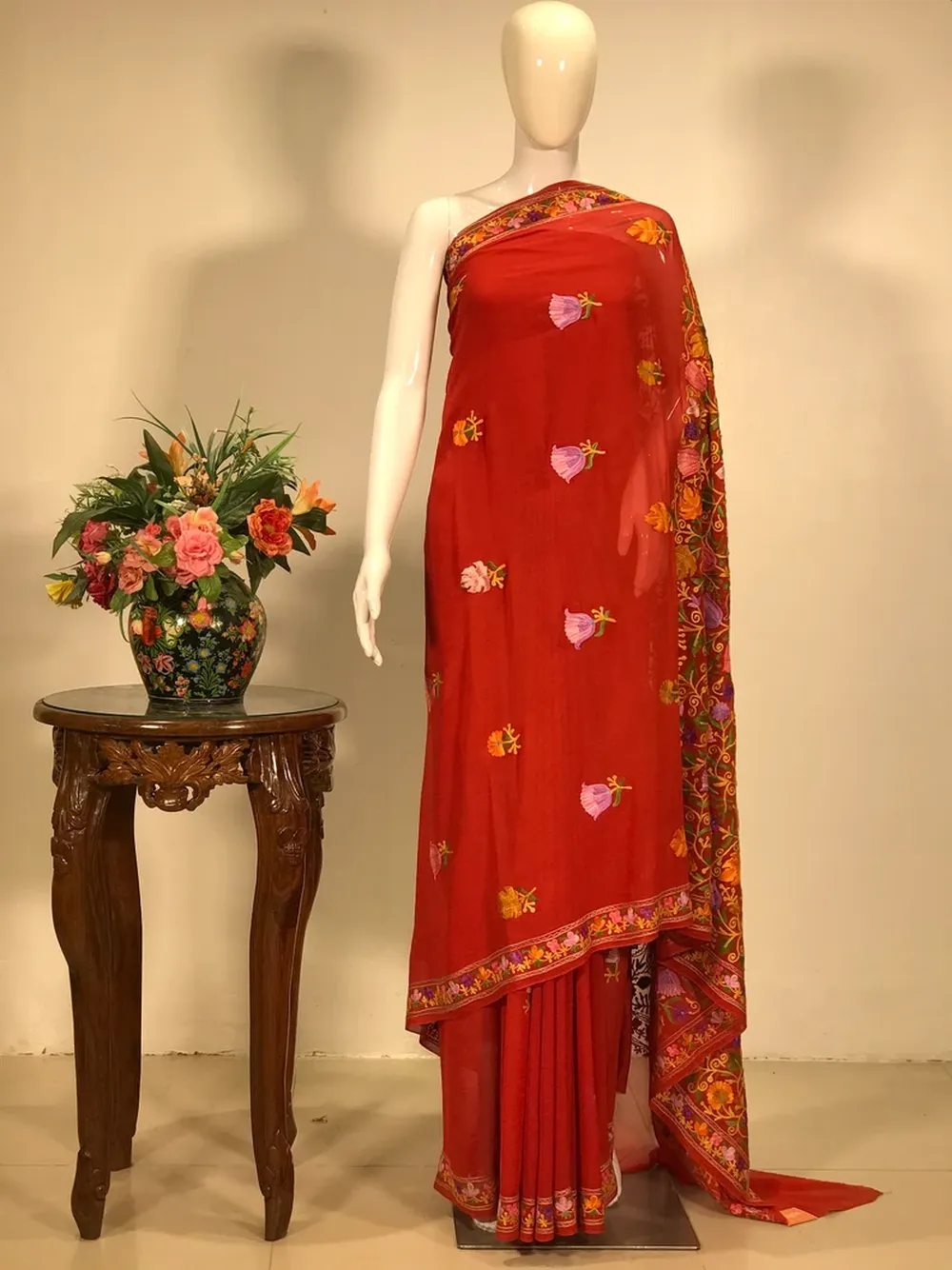 Chinar Palla Jaal Embroidered Red Kashmiri Saree