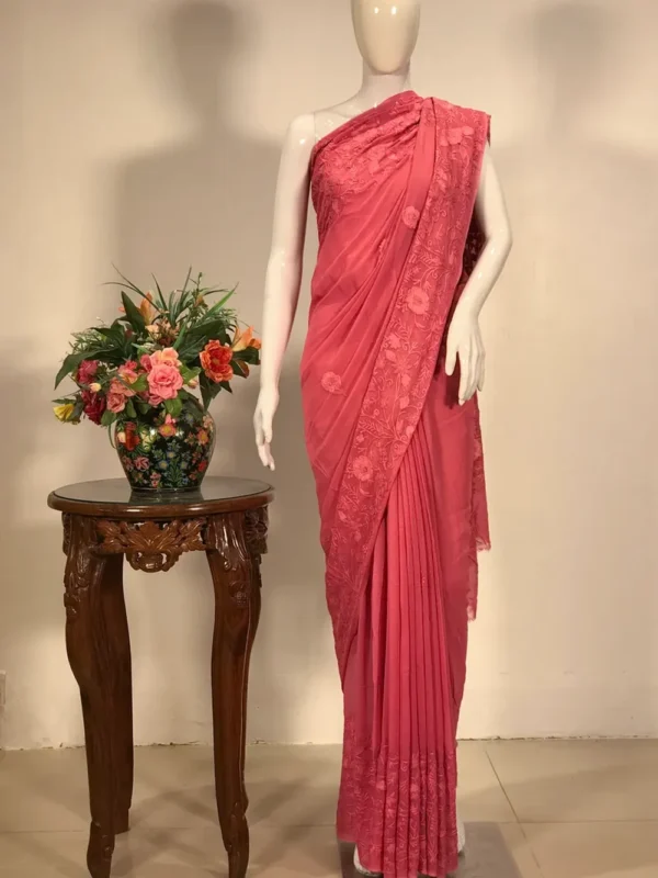 Chinar Palla Jaal Embroidered Pink Kashmiri Saree
