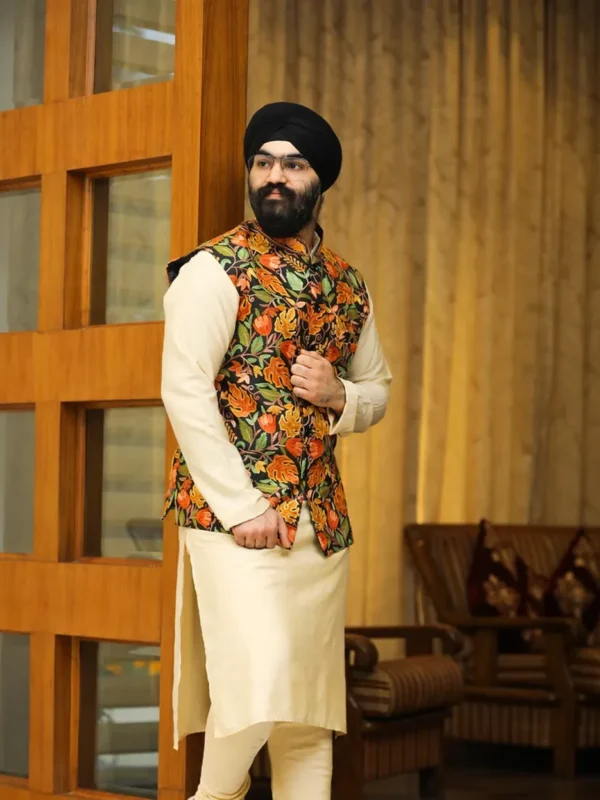 Black Mens Nehru Jacket with Multi-Colored Chinar Style Embroidery Work