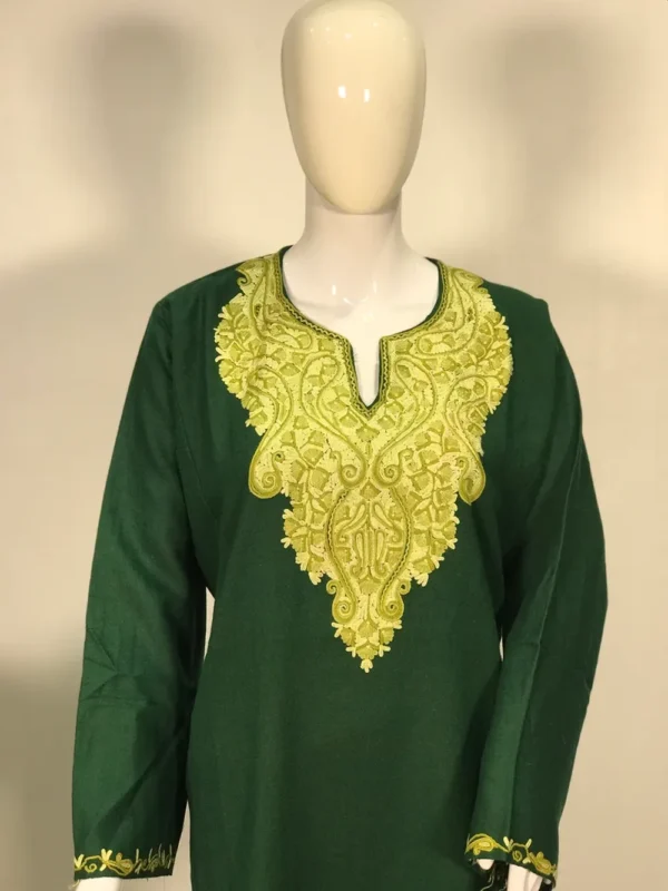 Bottle Green Woollen Phiran with Aari Embroidery