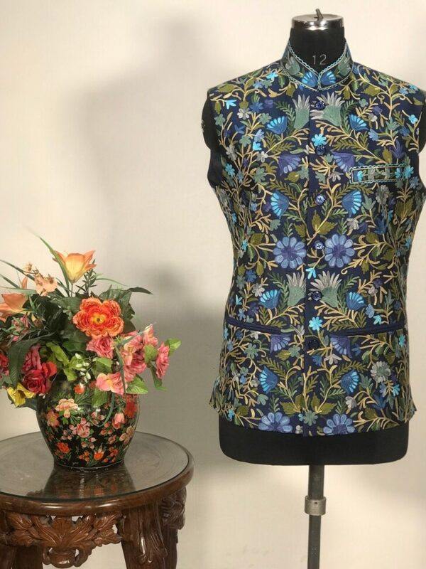 Kashmiri Aari Embroidered Navy Blue Nehru Jacket