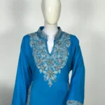 Turquoise Woollen Phiran with Aari Embroidery & Half Band Collar