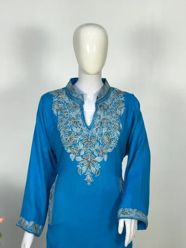 Turquoise Woollen Phiran with Aari Embroidery & Half Band Collar