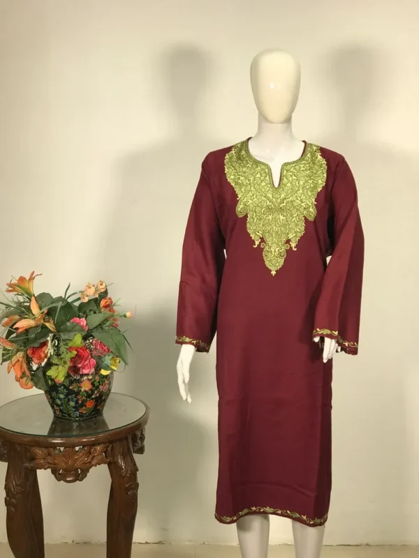 Maroon Woollen Phiran with Aari Embroidery