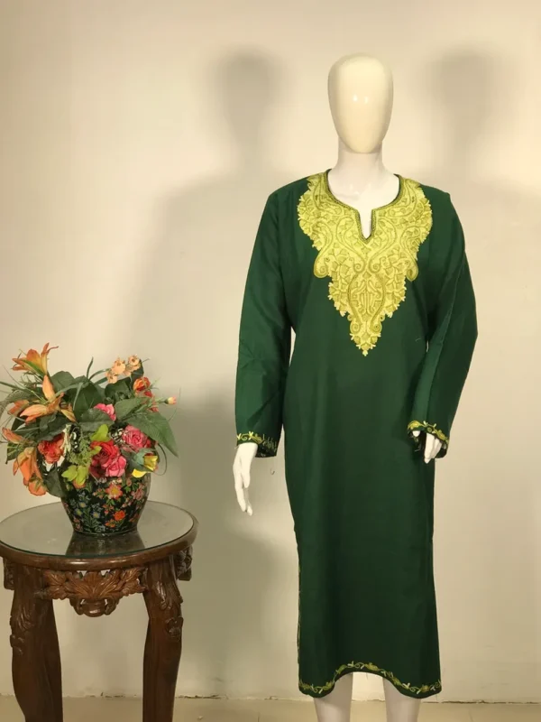 Bottle Green Woollen Phiran with Aari Embroidery