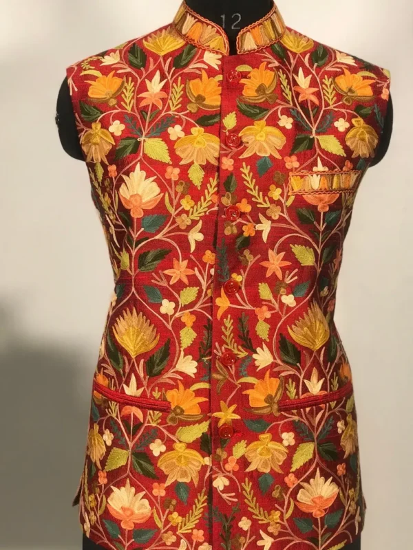 Kashmiri Aari Embroidered Red Nehru Jacket