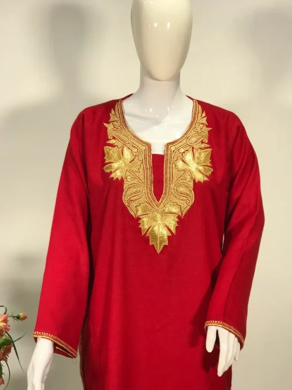 Red Pure Wool Phiran with Tilla Hand Embroidery