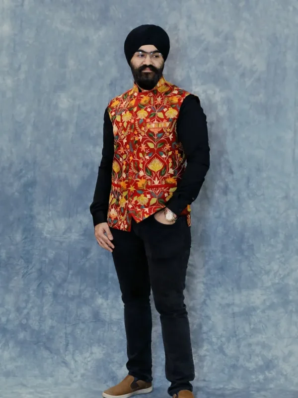 Kashmiri Aari Embroidered Red Nehru Jacket