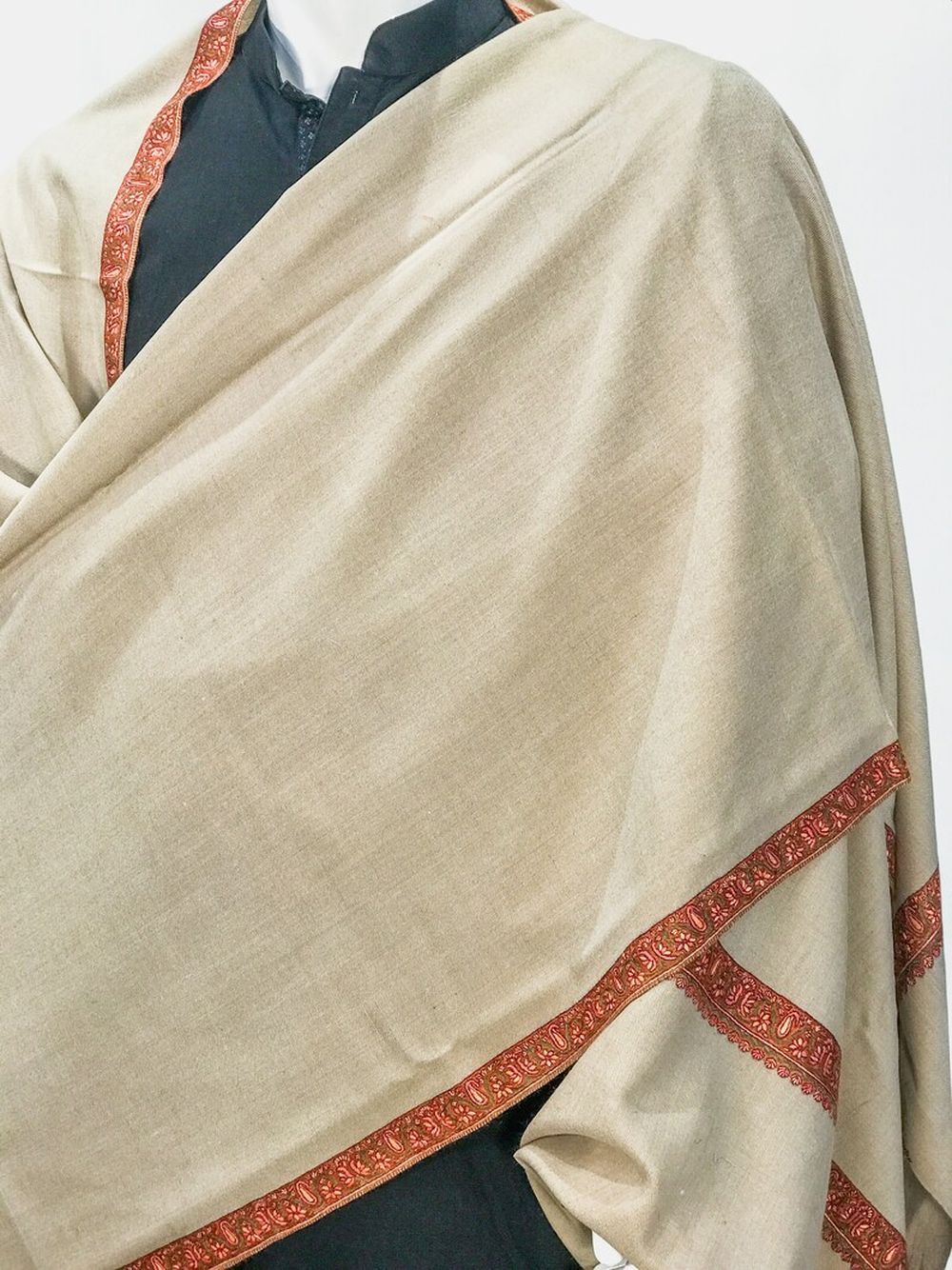 Pure Pashmina Shawl Natural Beige With Sozni Hand Embroidery