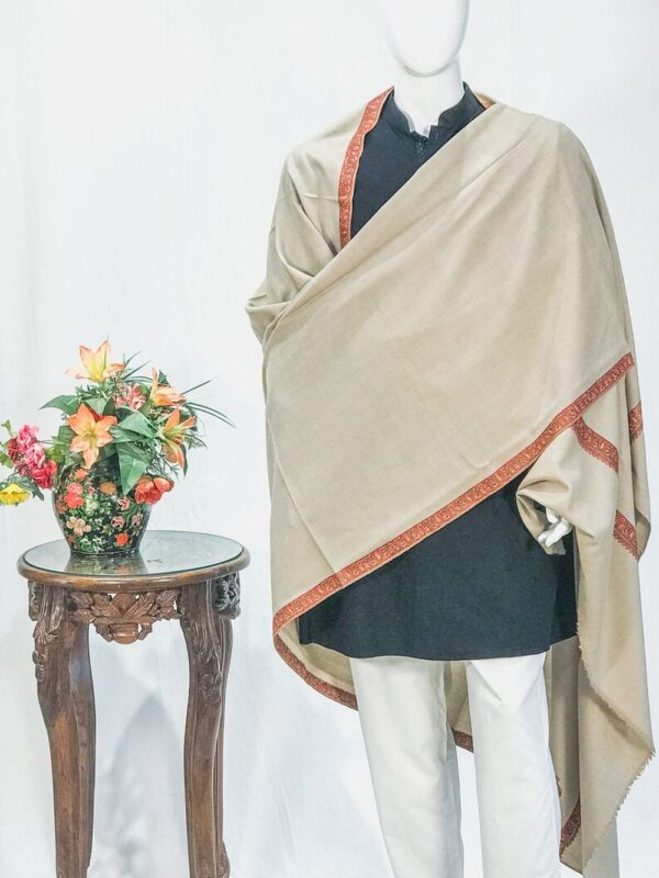 Pure Pashmina Shawl Natural Beige With Sozni Hand Embroidery