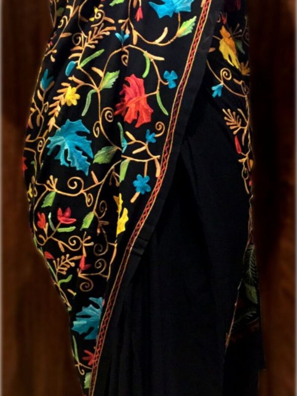Black Viscose Georgette Aari Embroidered Kashmiri Saree