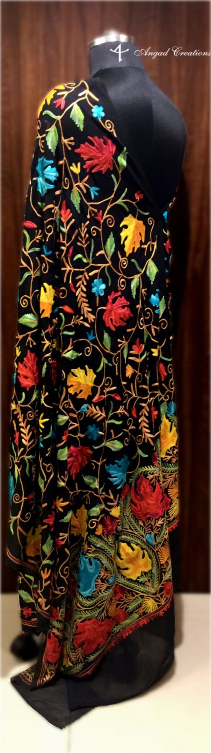 Black Viscose Georgette Aari Embroidered Kashmiri Saree