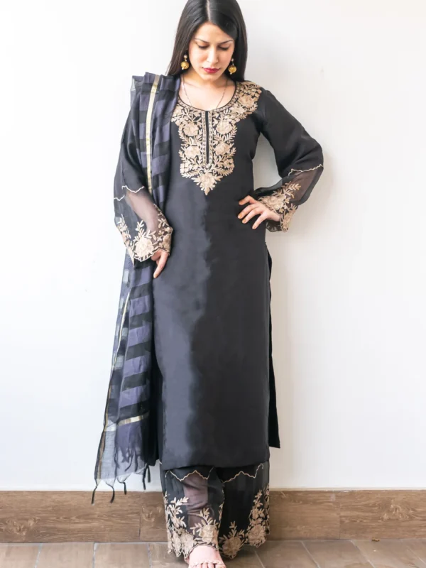 Black Salwar Suit with Kashmiri Aari Embroidery and Organza Fusion