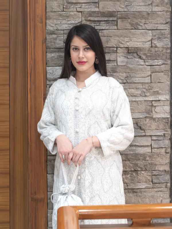 White Kashmiri Aari and Tilla Embroidered Long Coat front