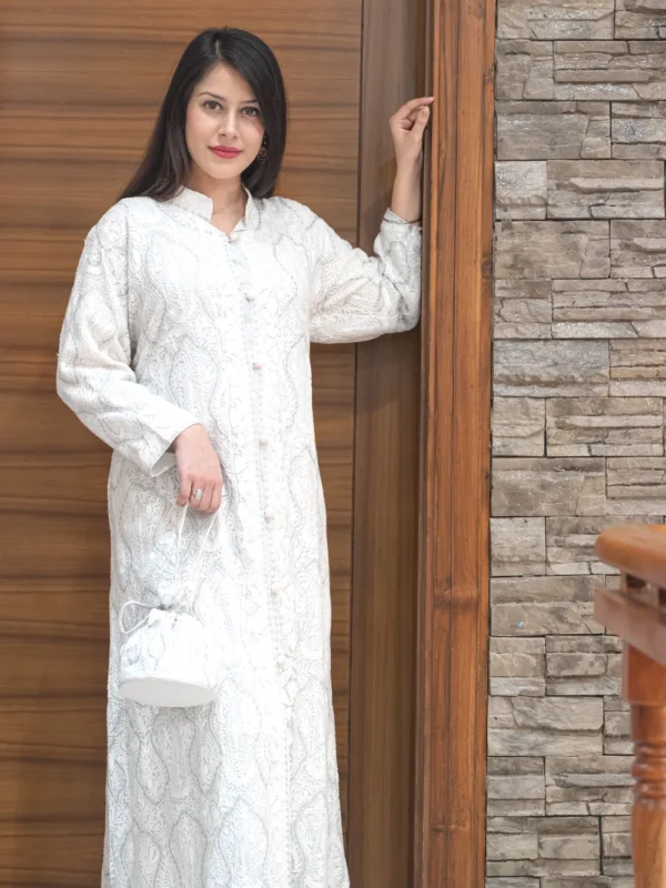 White Kashmiri Aari and Tilla Embroidered Long Coat