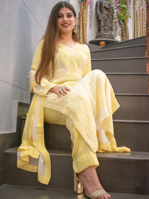 Off-White and Yellow Salwar Suit with Kashmiri Embroidery Front