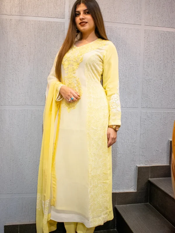 Off-White and Yellow Salwar Suit with Kashmiri Embroidery