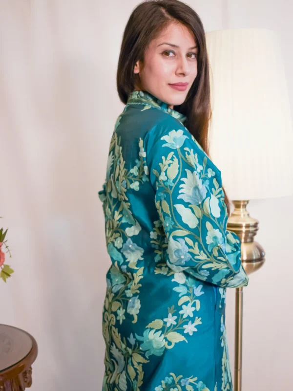 Jade Blue Kashmiri Aari Embroidered Long Coat front