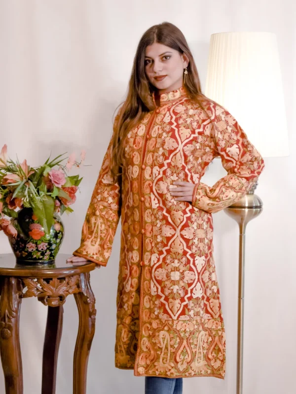 Red Kashmiri Aari Embroidered Long Coat