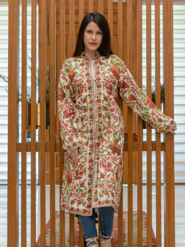 Off-White Kashmiri Aari Embroidered Long Coat