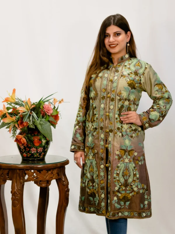 Green and Brown Ombre Kashmiri Aari Embroidered Long Coat