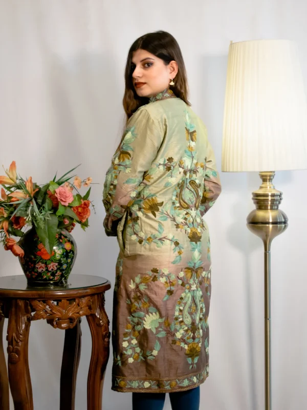 Green and Brown Ombre Kashmiri Aari Embroidered Long Coat Back