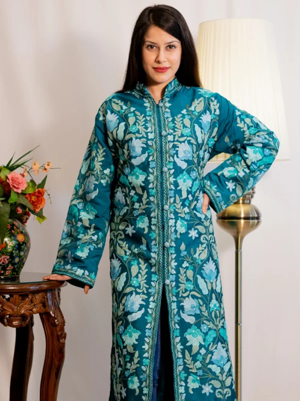 Jade Blue Kashmiri Aari Embroidered Long Coat