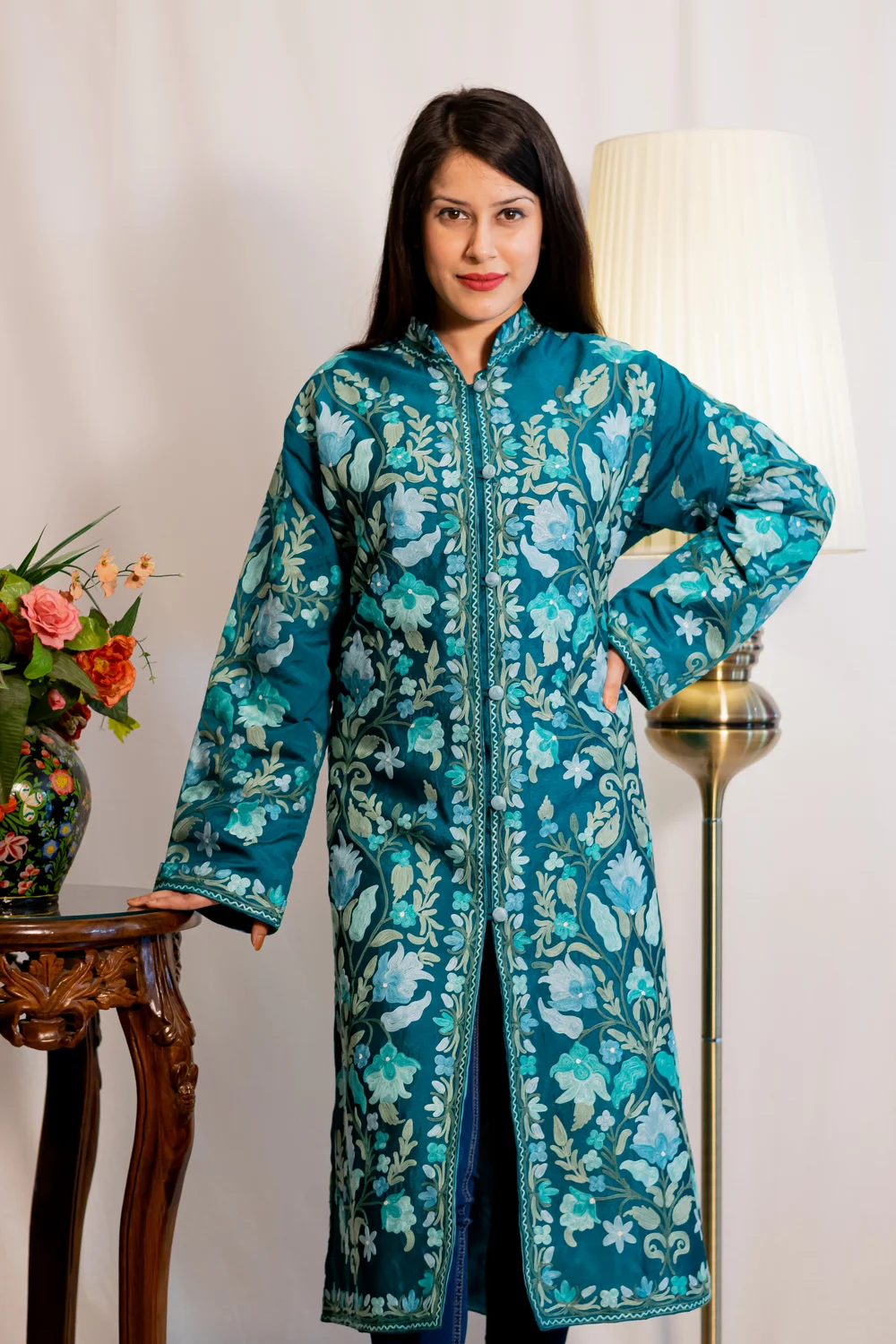 Jade Blue Kashmiri Aari Embroidered Long Coat
