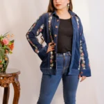 Denim Velvet Jacket with Kashmiri Multi-Colour Aari Embroidery