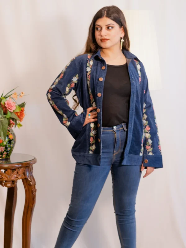 Denim Velvet Jacket with Kashmiri Multi-Colour Aari Embroidery