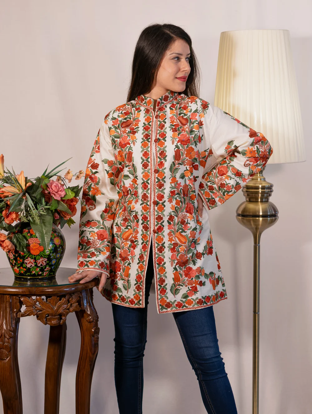 White Art Raw Silk Jacket with Multi-Colour Aari Embroidery front