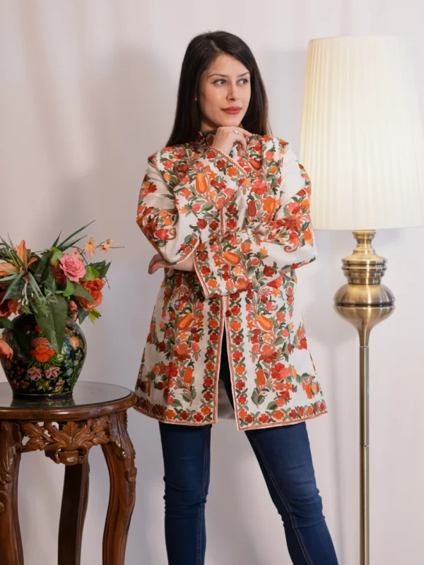 White Art Raw Silk Jacket with Multi-Colour Aari Embroidery