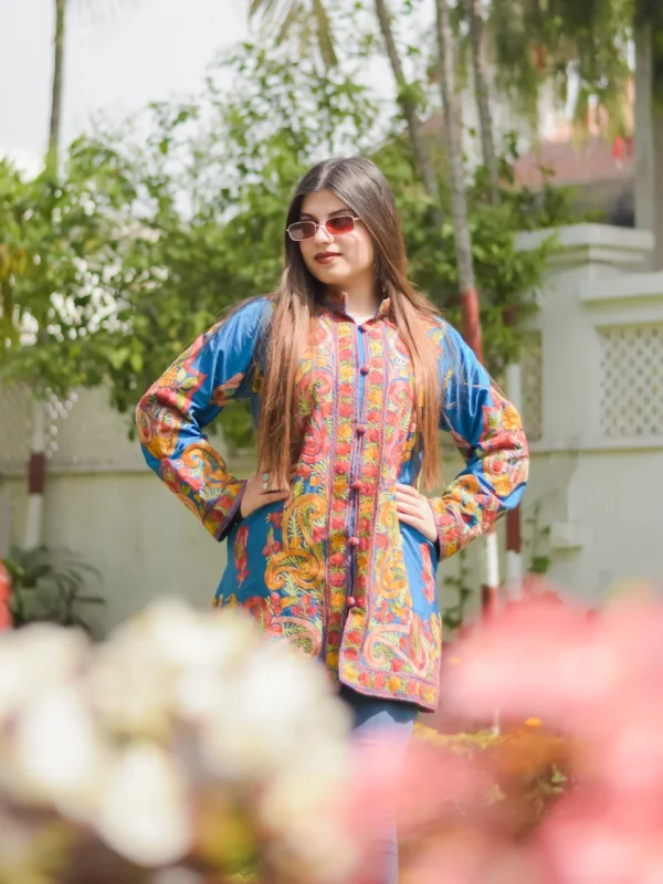 Blue Art Raw Silk Jacket with Multi-Color Aari Embroidery front