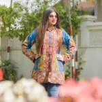 Blue Art Raw Silk Jacket with Multi-Color Aari Embroidery