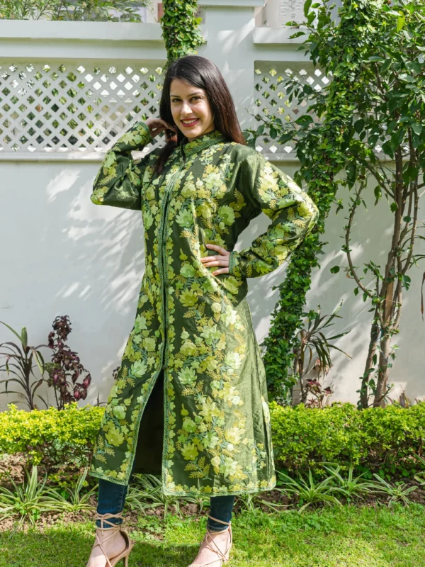 Green Kashmiri Aari Embroidered Long Coat