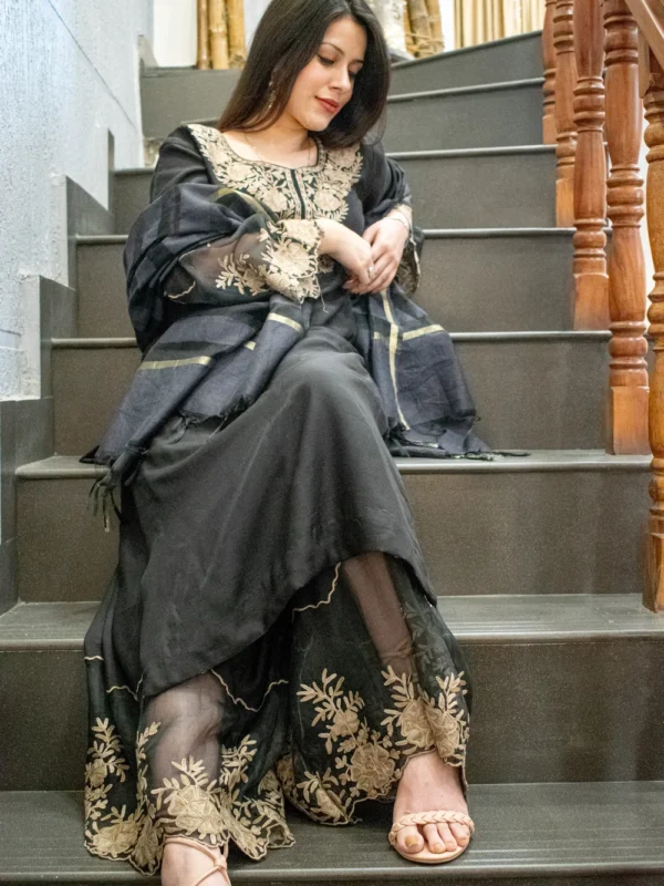 Black Salwar Suit with Kashmiri Aari Embroidery and Organza Fusion front