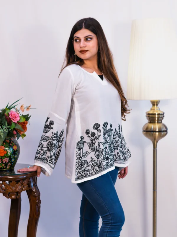 White Bell Sleeves Cotton Top with Black Aari Embroidery front