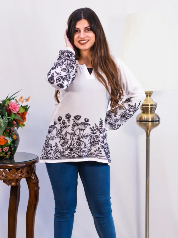 White Bell Sleeves Cotton Top with Black Aari Embroidery