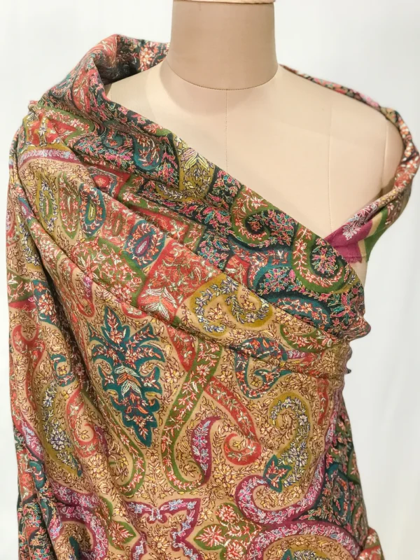 Natural Pure Pashmina Kalamkari Shawl Wrap With Multi-Colour Hand Painting and Embroidery Front