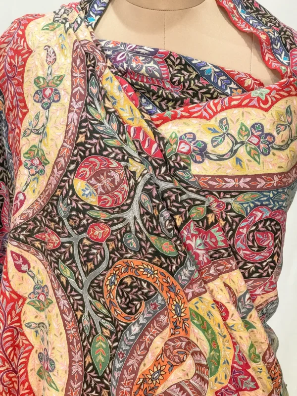 Red with Multi-Colour Kalamkari Embroiderey Pure Pashmina Shawl front