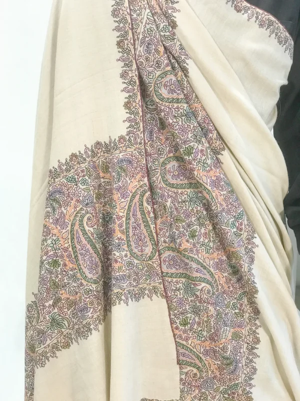 Pure Pashmina Cream Shawl With Sozni Hand Embroidery Front