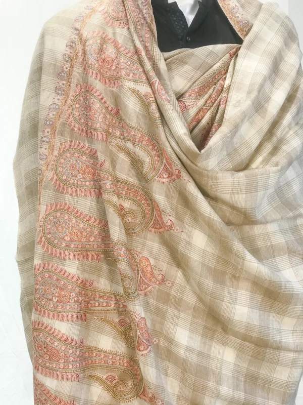 Pure Pashmina Natural Checked Shawl With Sozni Hand Embroidery Front